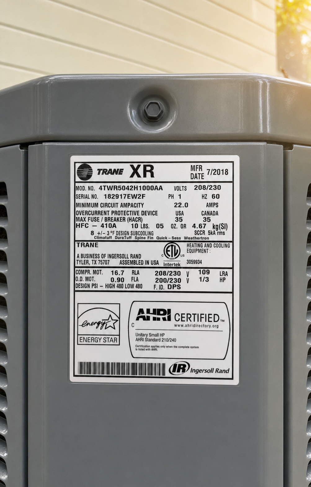 Photo of an AC unit nameplate label
